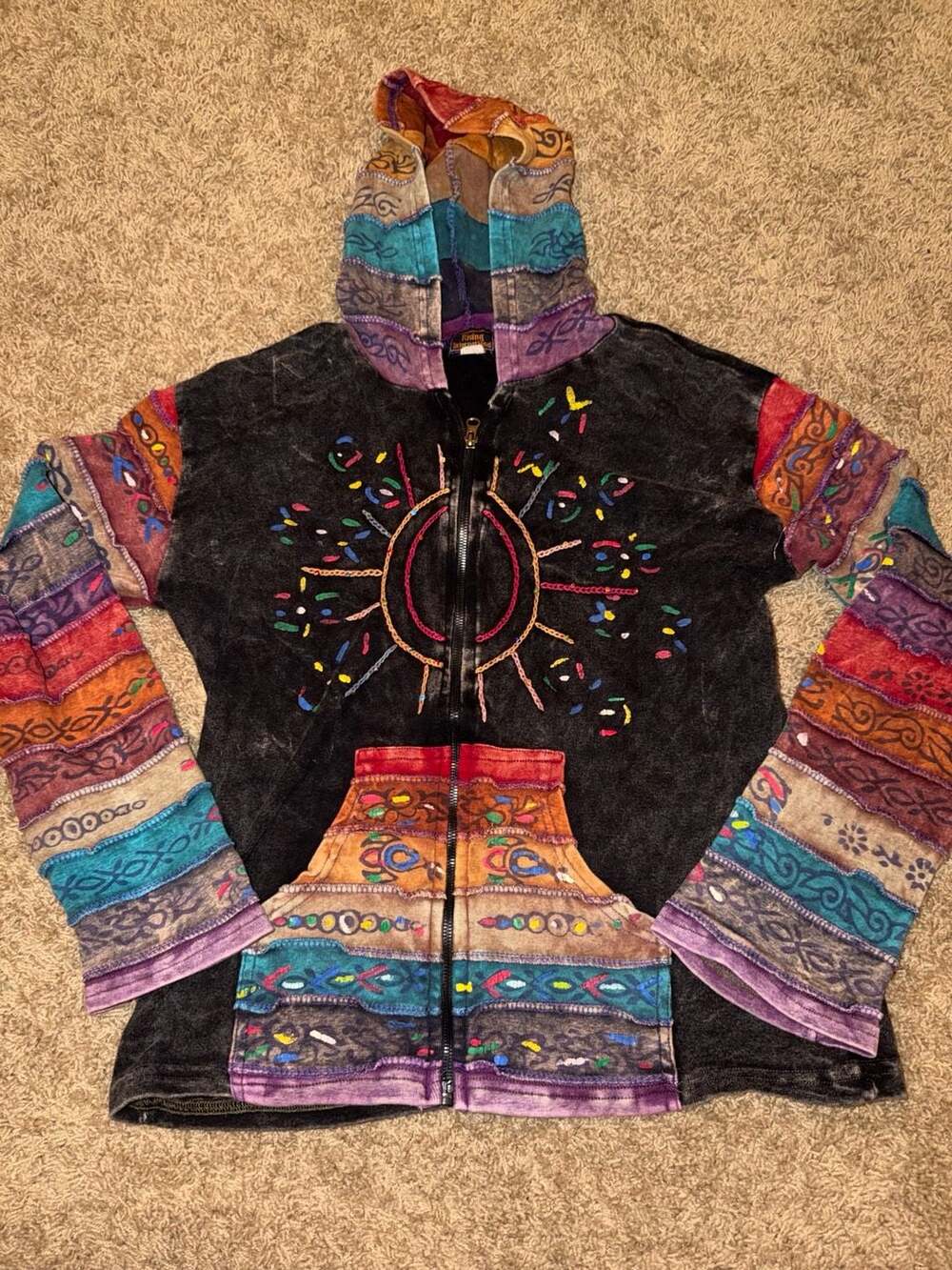 Rising International Y2K Colorful Sun Embroidered Patchwork Zip-Up Hoodie